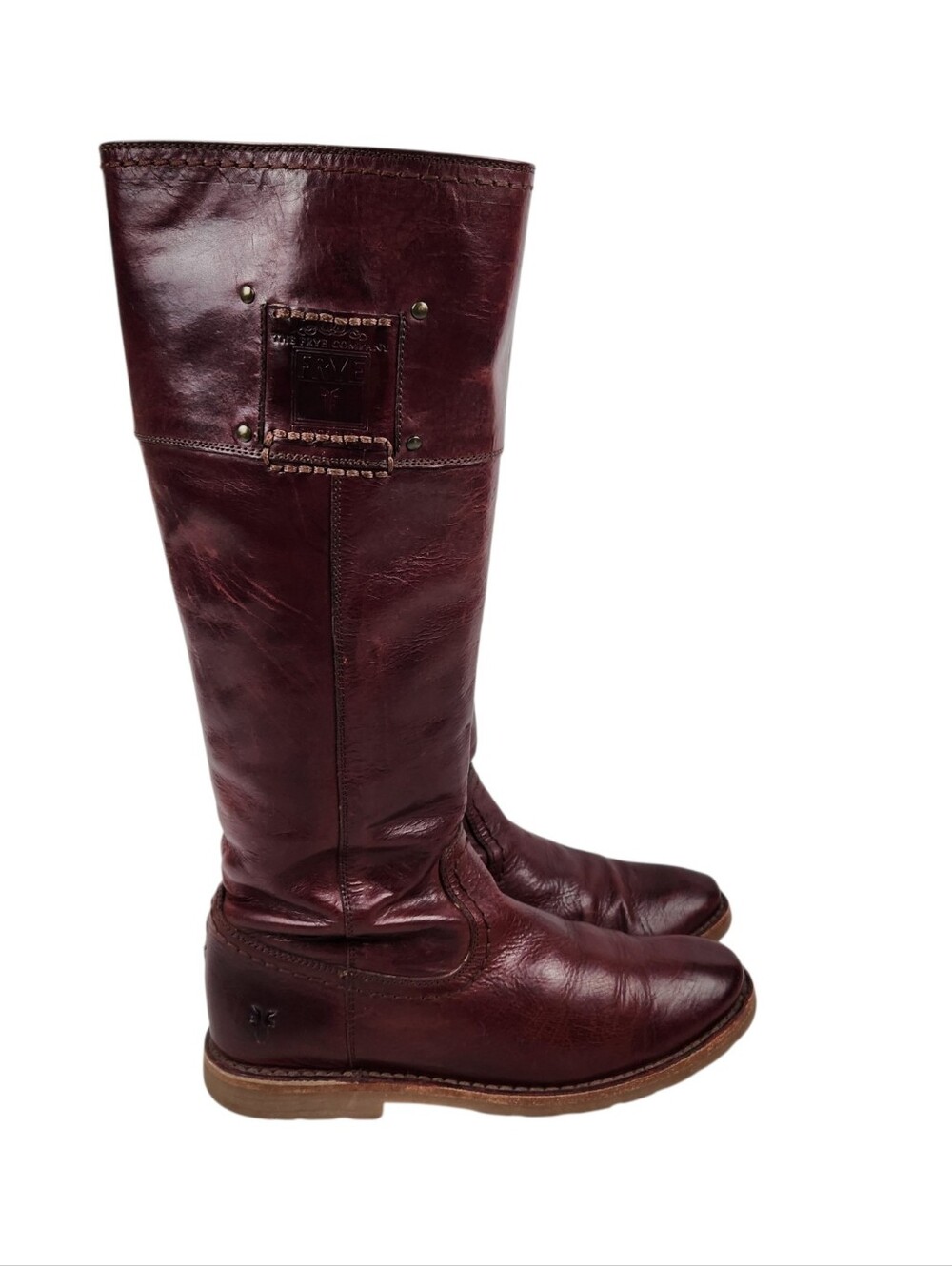 Frye Amelia Rogo Equestrian Tall Burgandy Cognac Leather Boots Womens Size 6 - Picture 4 of 16